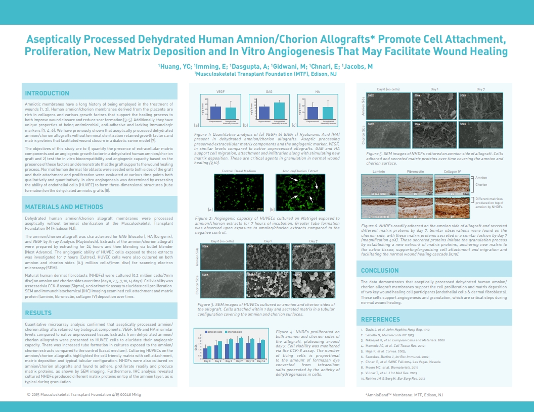 Huang YC, Imming E, Dasgupta A, Gidwani M, Chnari E, Jacobs M. Aseptically Processed Dehydrated Human Amnion/Chorion Allografts Promote Cell Attachment, Proliferation, New Matrix Deposition and In Vitro Angiogenesis That Supports Wound Healing. SAWC 2015 Spring. San Antonio, TX, USA