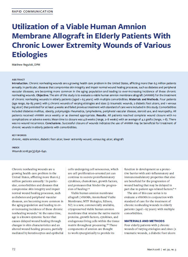 AMNIOBAND VIABLE MEMBRANE: Regulski et al, Wounds 2018