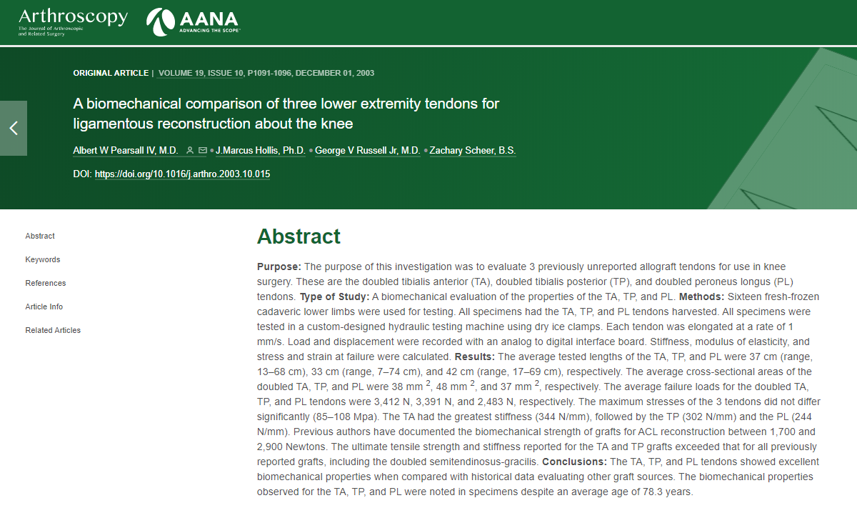 A biomechanical comparison of three lower extremity tendons for ligamentous reconstruction about the knee - Arthroscopy