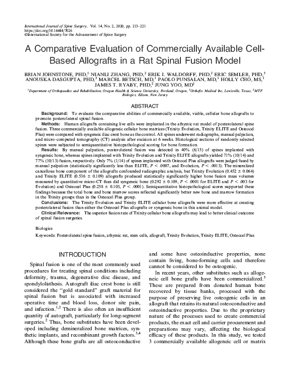 A Comparative Evaluation of Commercially Available Cell-Based Allografts in a Rat Spinal Fusion Model