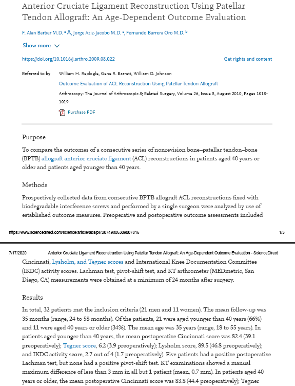 Anterior Cruciate Ligament Reconstruction Using Patellar Tendon Allograft_ An Age-Dependent Outcome Evaluation - ScienceDirect