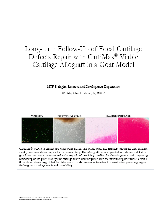 Long-term Follow-up of Focal Cartilage Defect Repair with CartiMax Viable Cartilage Allograft in a Goat Model