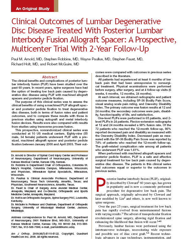 Clinical Outcomes of Lumbar Degenerative Disc Disease Treated with Posterior Lumbar Interbody Allograft Spacer