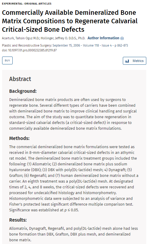 Commercially Available Demineralized Bone Matrix Compositions to Regenerate Calvarial Critical-Sized Bone Defects