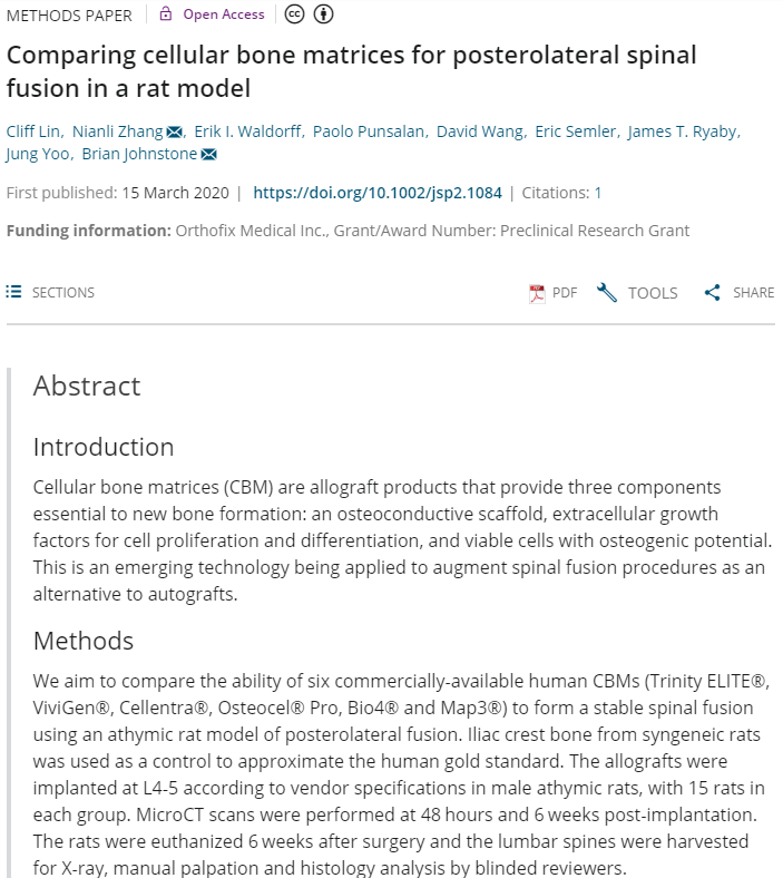 Comparing cellular bone matrices for posterolateral spinal fusion in a rat model