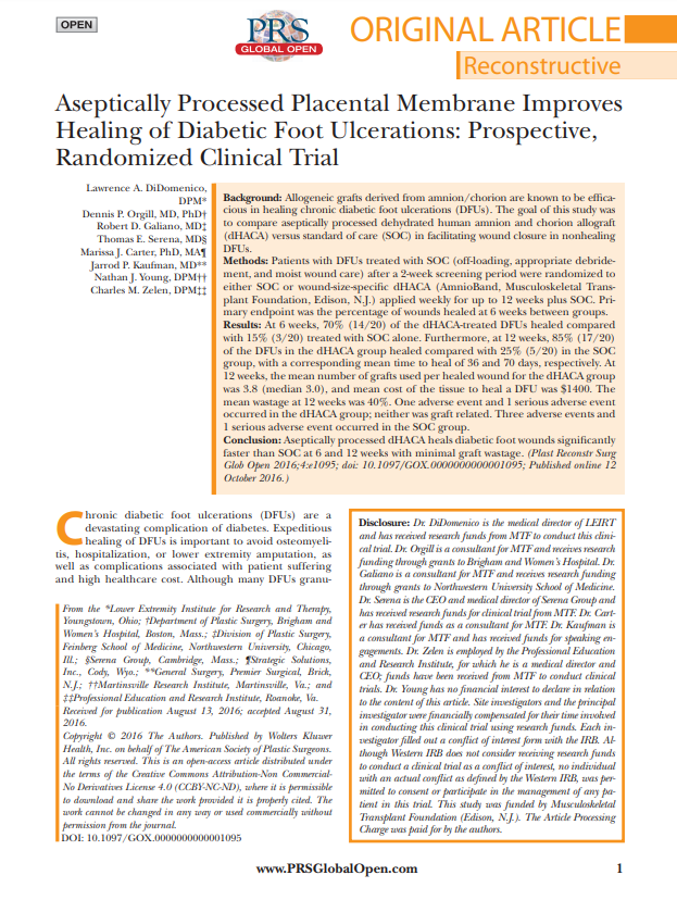 DiDomenico et al 2016: Aseptically Processed Placental Membrane Improves Healing of Diabetic Foot Ulcerations - Prospective Randomized Clinical Trial