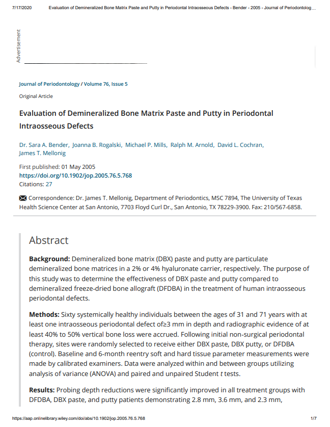 Evaluation of Demineralized Bone Matrix Paste and Putty in Periodontal Intraosseous Defects - Bender - 2005 - Journal of Periodontology - Wiley Online Library
