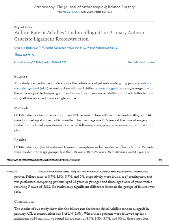 Failure Rate of Achilles Tendon Allograft in Primary Anterior Cruciate Ligament Reconstruction - ScienceDirect