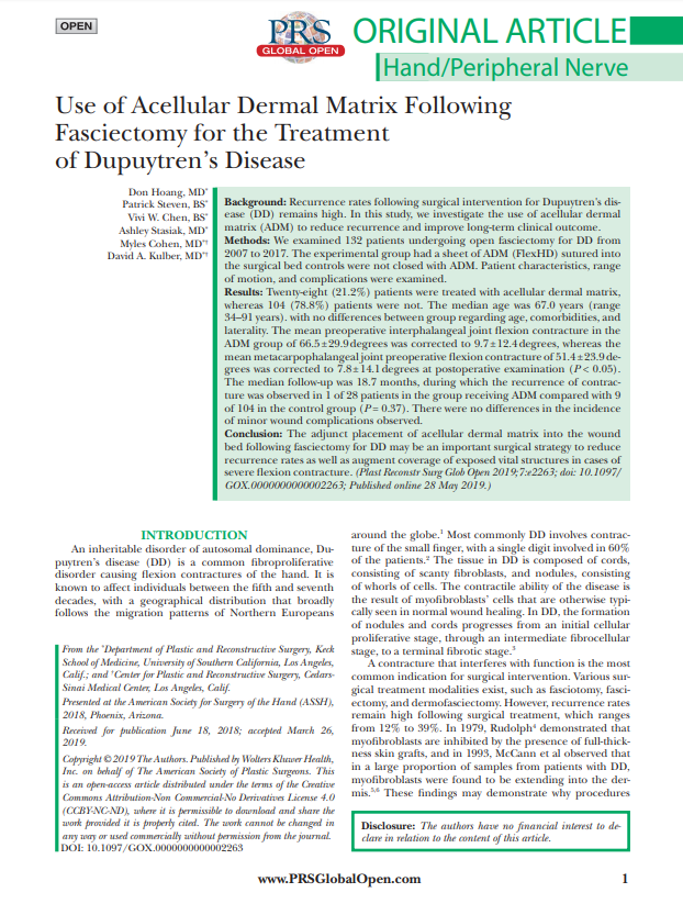 Hoang Kulber et al 2019_Use of Acellular Dermal Matrix Following Fasciectomy for the Treatment of Dupuytren's Disease