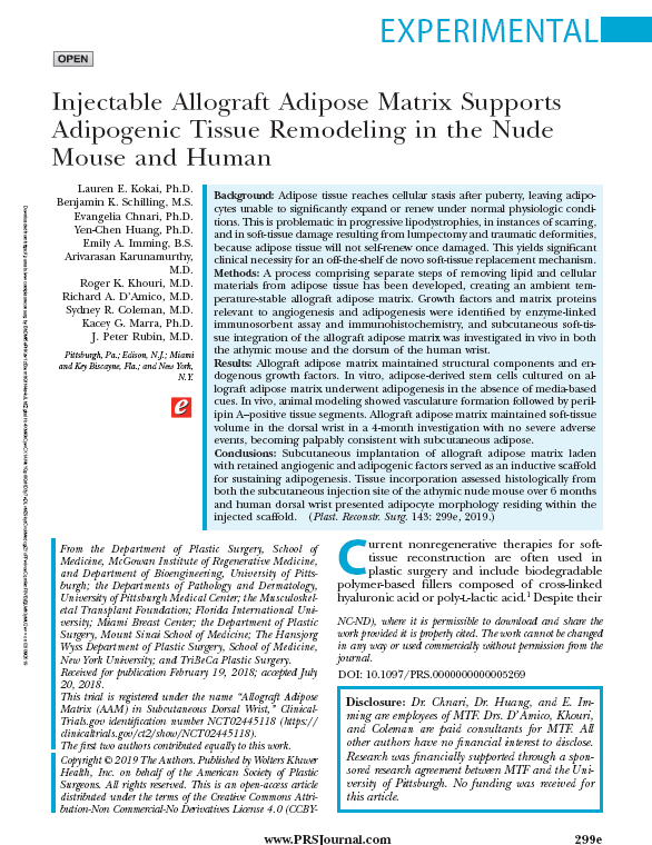 Injectable Allograft Adipose Matrix Supports Adipogenic Tissue Remodeling in the Nude Mouse and Human