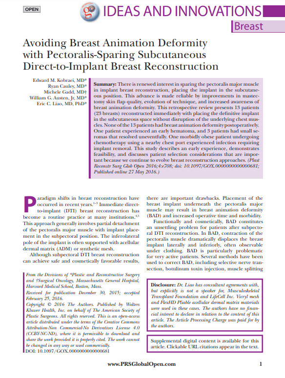 Kobraei et al 2016_Avoiding Breast Animation Deformity with Pectoralis-Sparing Subcutaneous Direct-to-Implant Breast Reconstruction