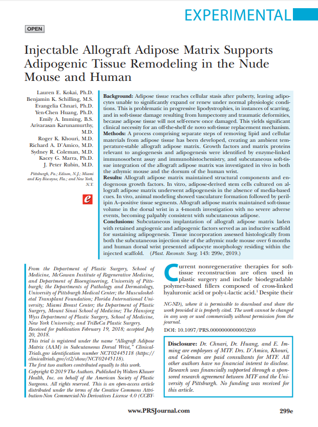 Kokai et al 2019_Injectable Allograft Adipose Matrix Supports Adipogenic Tissue Remodeling in the Nude Mouse and Human