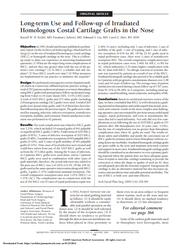 Kridel et al 2009_Long-term Use and Follow-up of Irradiated Homologous Costal Cartilage Grafts in the Nose