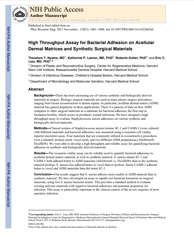 Nyame liao et al 2011_High-throughput Assay for Bacterial Adhesion on Acellular Dermal Matrices and Synthetic Surgical Materials