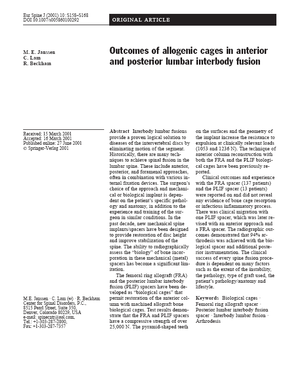 Outcomes of allogeneic cages in anterior and posterior lumbar interbody fusion