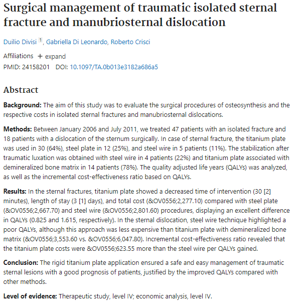 Surgical management of traumatic isolated sternal fracture and manubriosternal dislocation - PubMed
