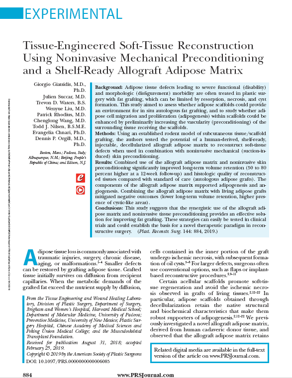 Tissue-Engineered Soft-Tissue Reconstruction Using Noninvasive Mechanical Preconditioning and a Shelf-Ready Allograft Adipose Matrix