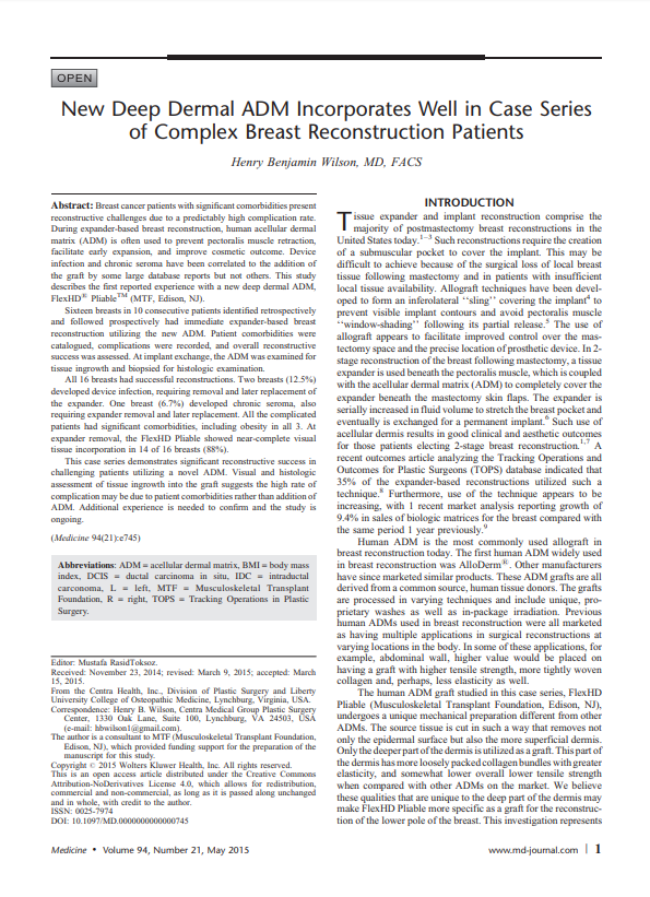 Wilson 2015_New Deep Dermal ADM Incorporates Well in Case Series of Complex Breast Reconstruction Patients