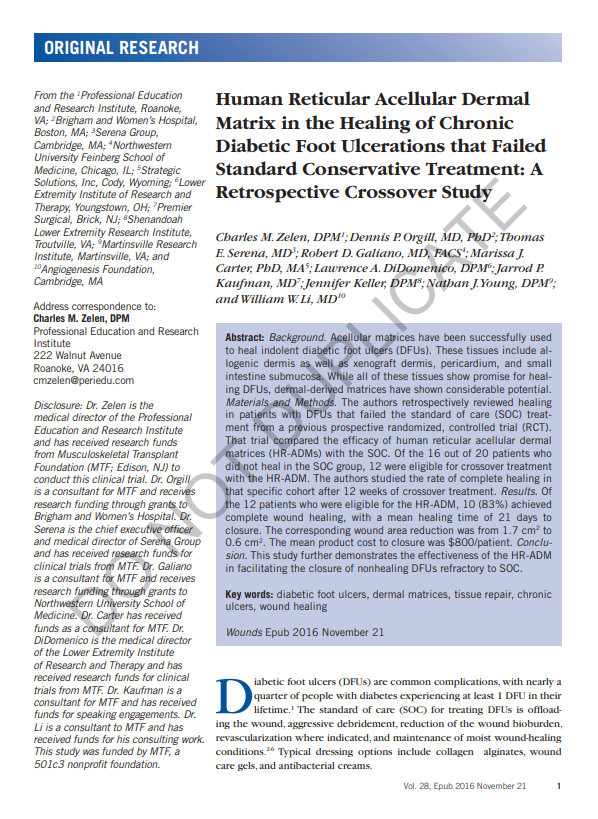 Zelen 2016_Human Reticular Acellular Dermal Matrix in the Healing of Chronic Diabetic Foot Ulcerations that Failed Standard Conservative Treatment A Retrospective Crossover Study