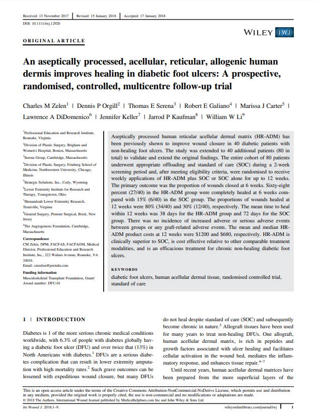 Zelen at al 2018_An aseptically processed, acellular, reticular, allogenic human dermis improves healing in diabetic foot ulcers A prospective, randomised, controlled, multicentre