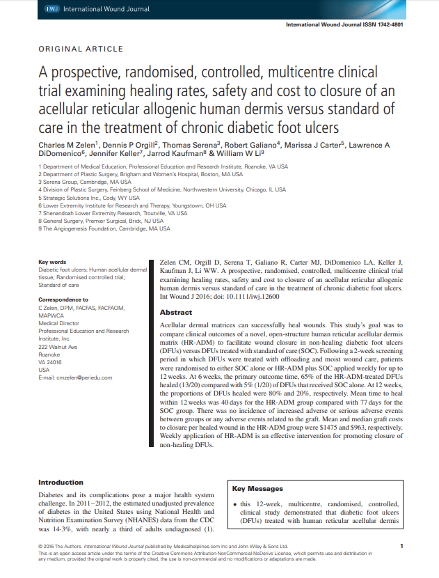 Zelen et al 2016_A prospective, randomised, controlled, multicentre clinical trial examining healing rates, safety and cost to closure of an acellular reticular allogenic human dermis versus standard of care in the treatment of chronic diabetic foot ulcers