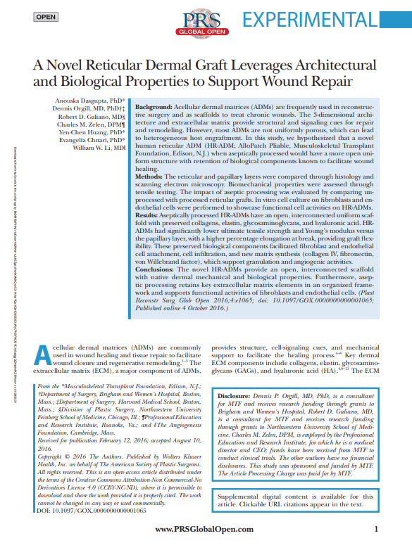 ALLOPATCH PLIABLE: Dasgupta et al, Plastic and Reconstructive Surgery - Global Open 2016.